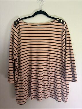 croft & barrow Tan and Black Striped Button-Shoulder Long Sleeve Top